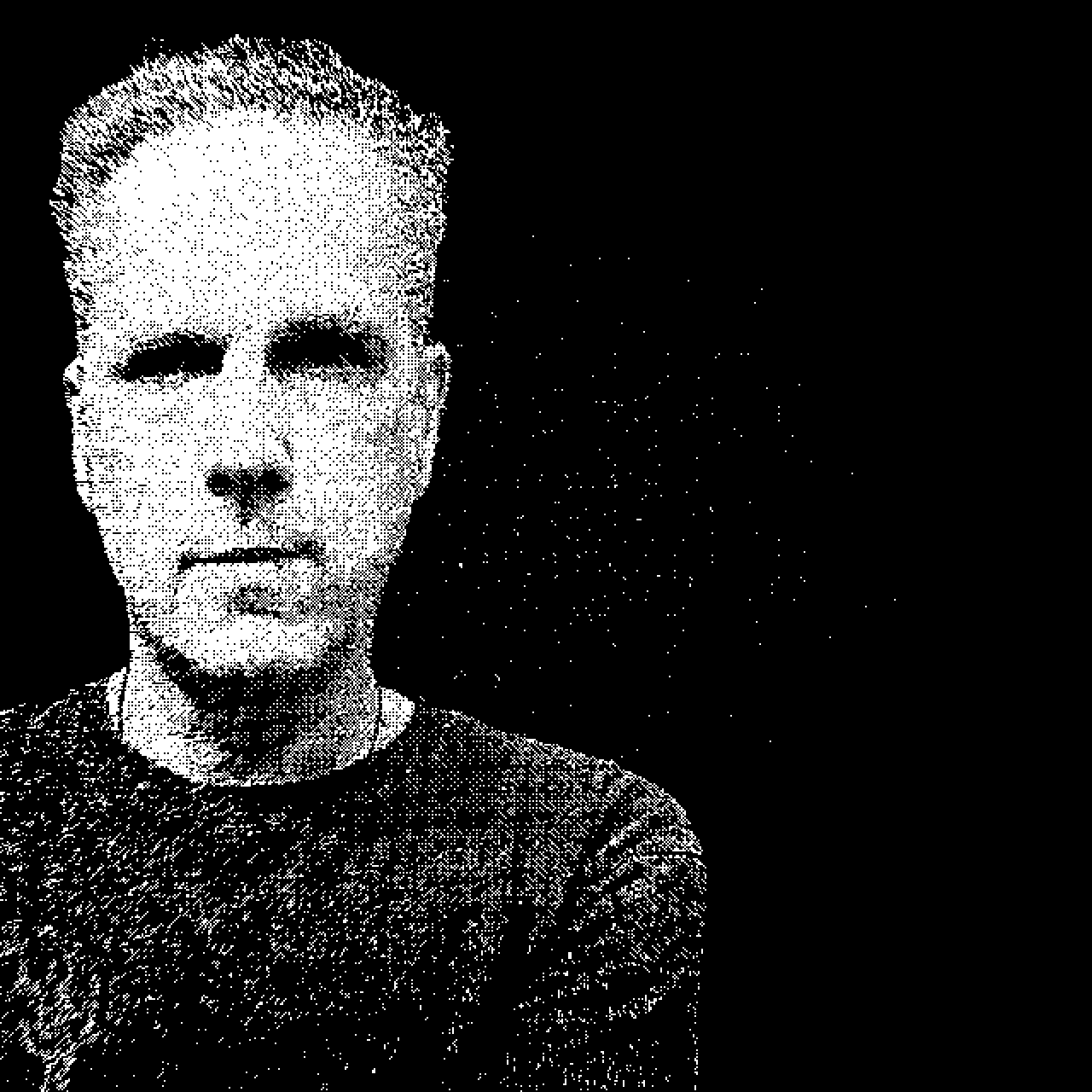 High-contrast monochrome portrait against a black field